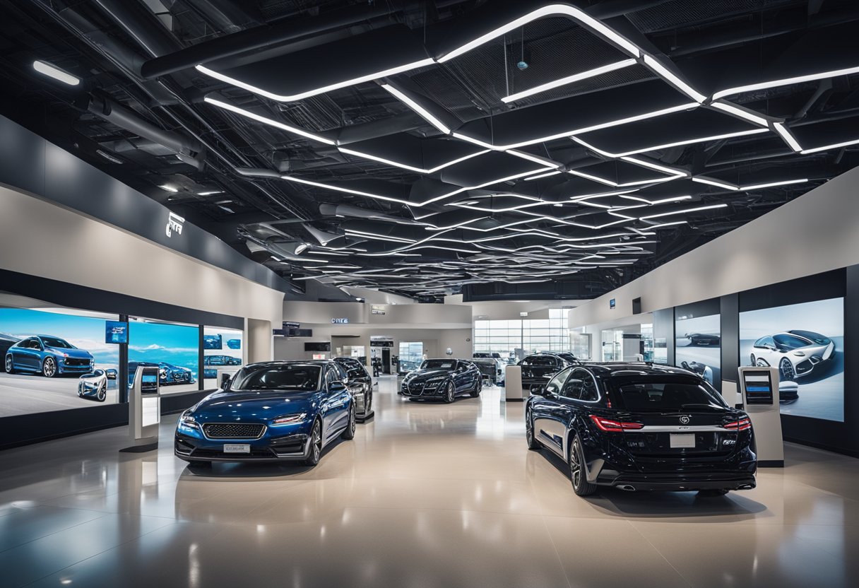 A modern car dealership with digital displays, interactive kiosks, and high-tech signage showcasing innovative marketing ideas for the point of sale