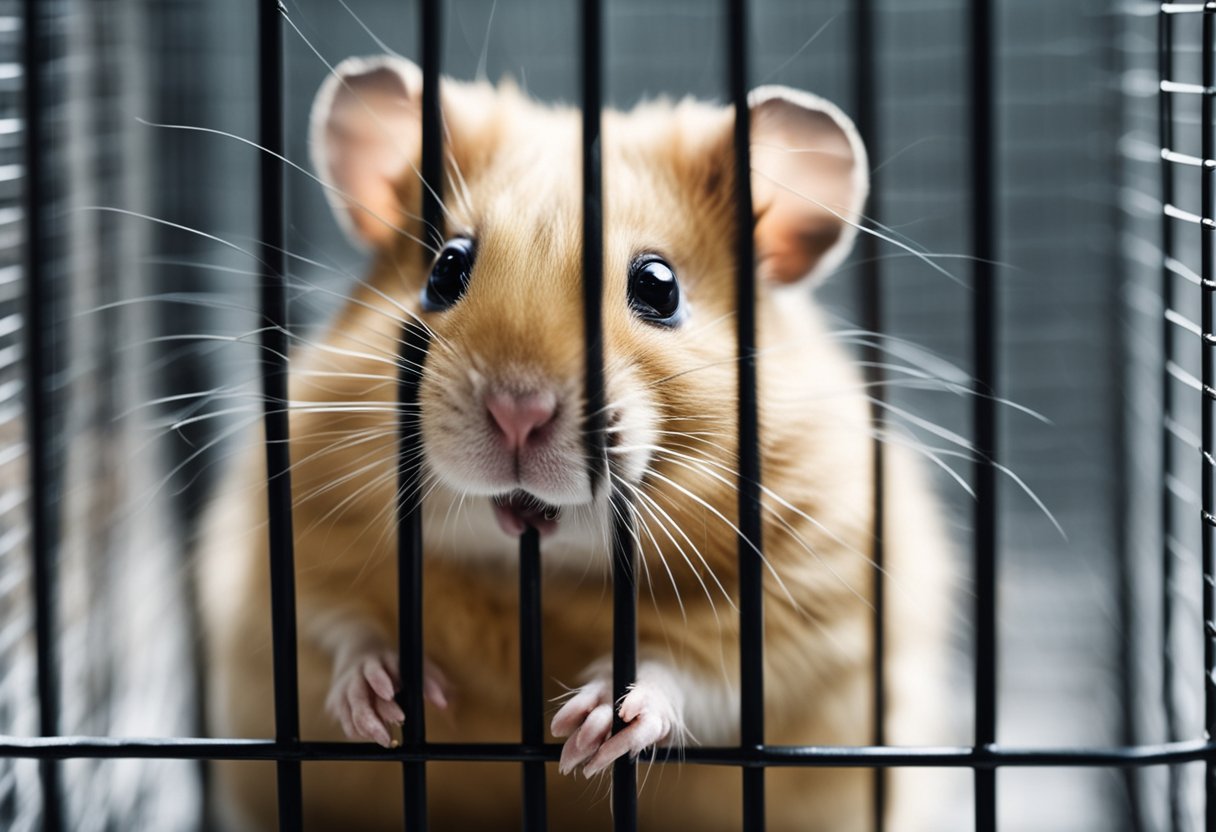 A hamster sits in a cage, its tiny mouth open as it emits a soft hissing sound
