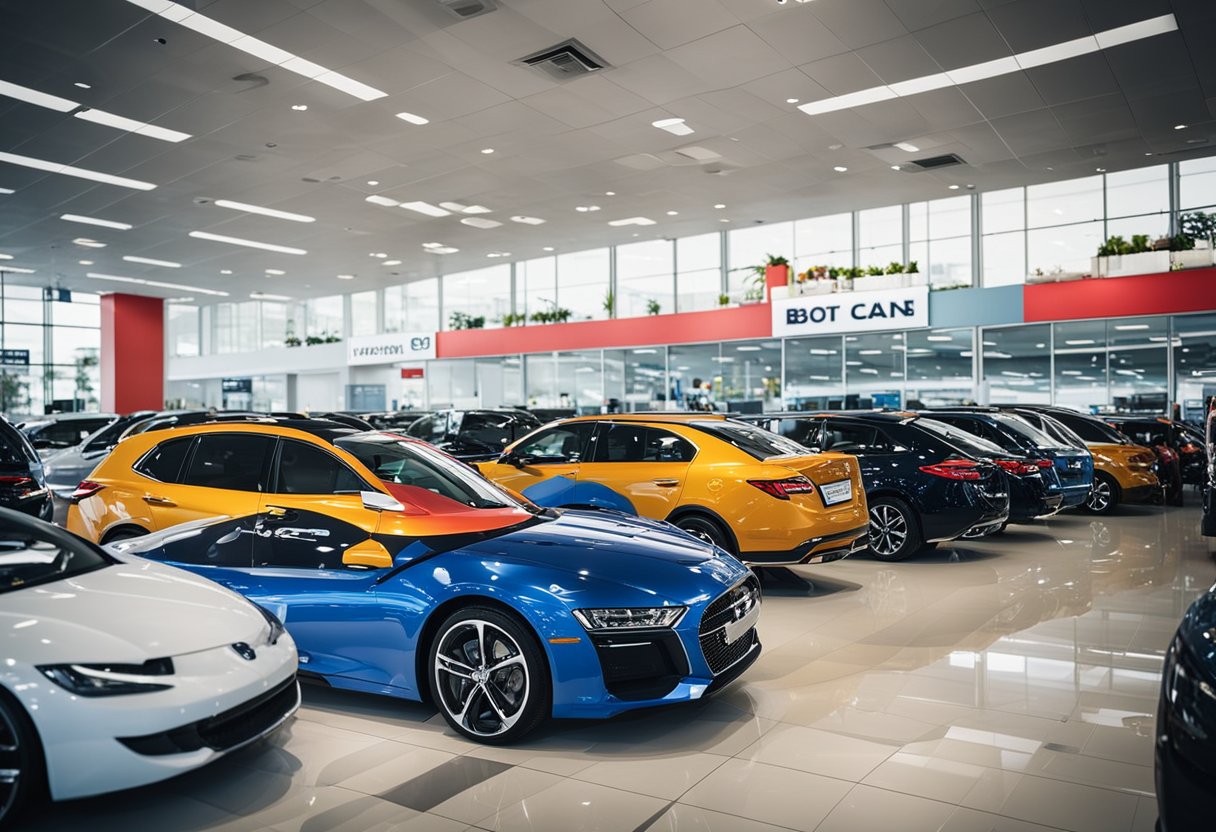 A busy car dealership with colorful promotional signs, happy customers, and sales staff assisting clients. Display vehicles are showcased with special offers