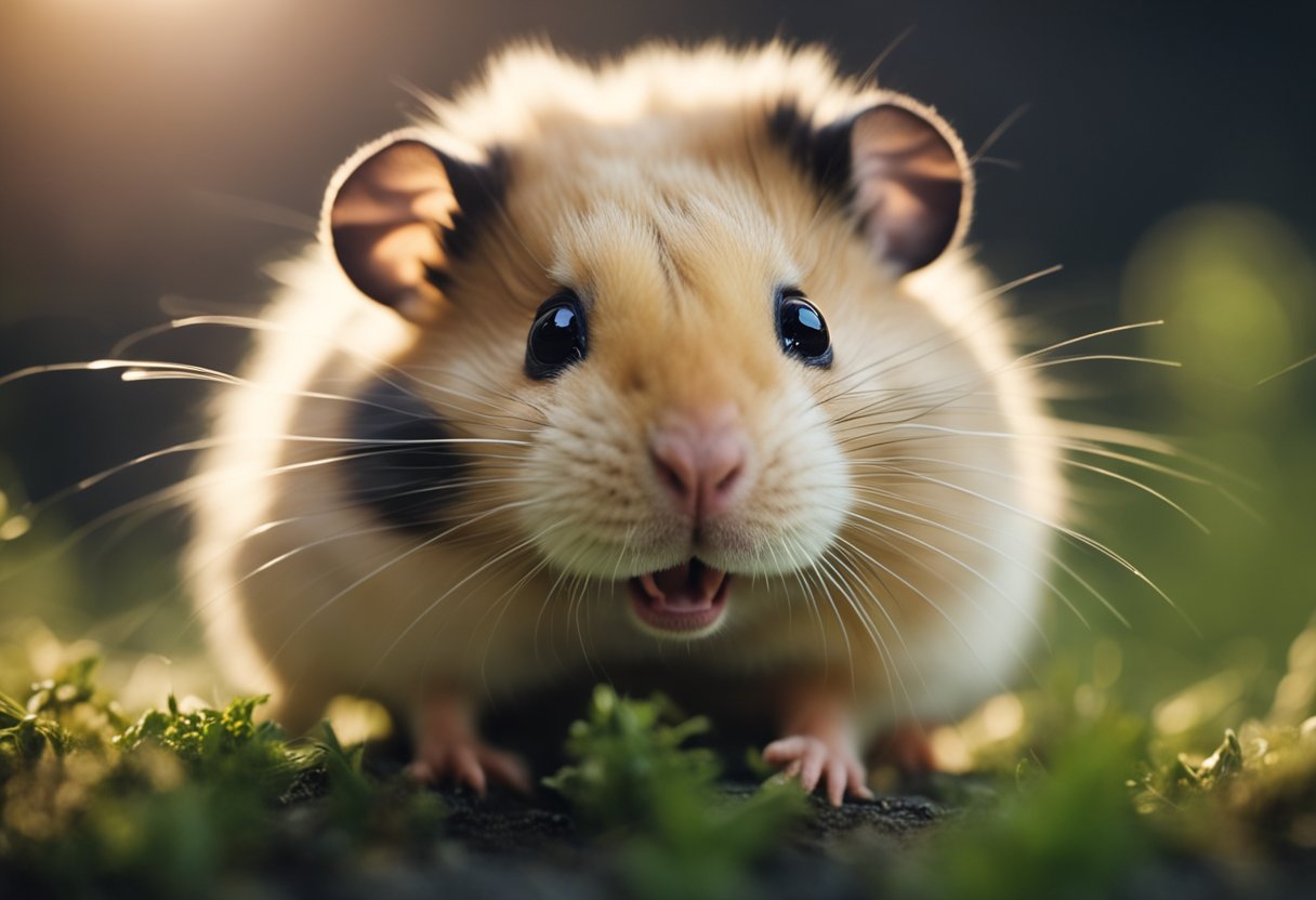 A hamster raises its head, bares its teeth, and emits a low, hissing sound