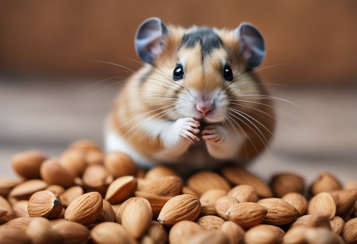 A hamster munches on an almond, its cheeks bulging with the nut as it chews