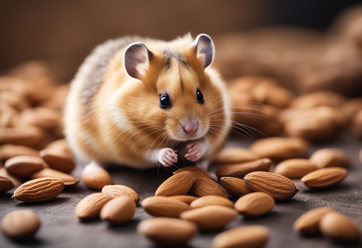 A hamster sits beside a small pile of almonds, looking curious