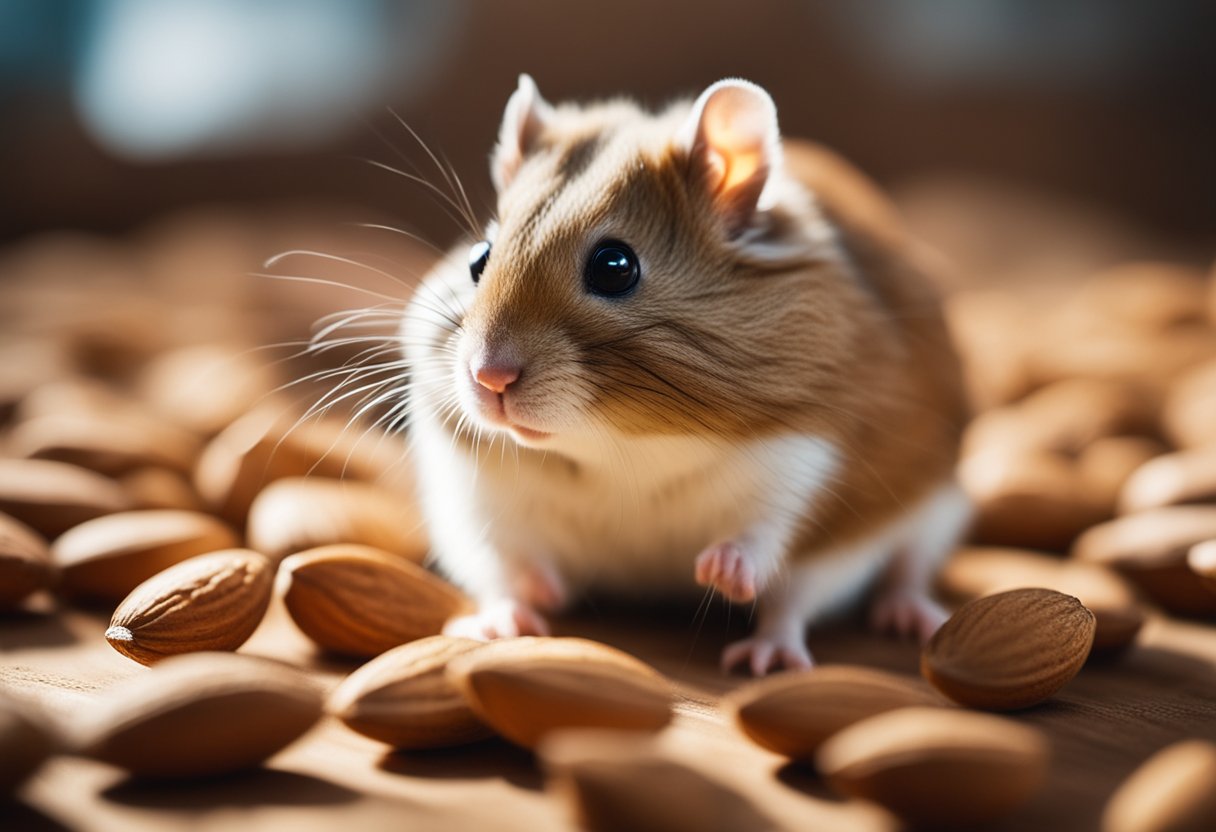 A pile of almonds next to a curious hamster