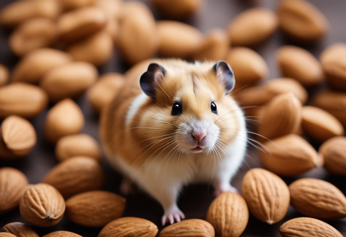A hamster surrounded by almonds, looking at them with curiosity