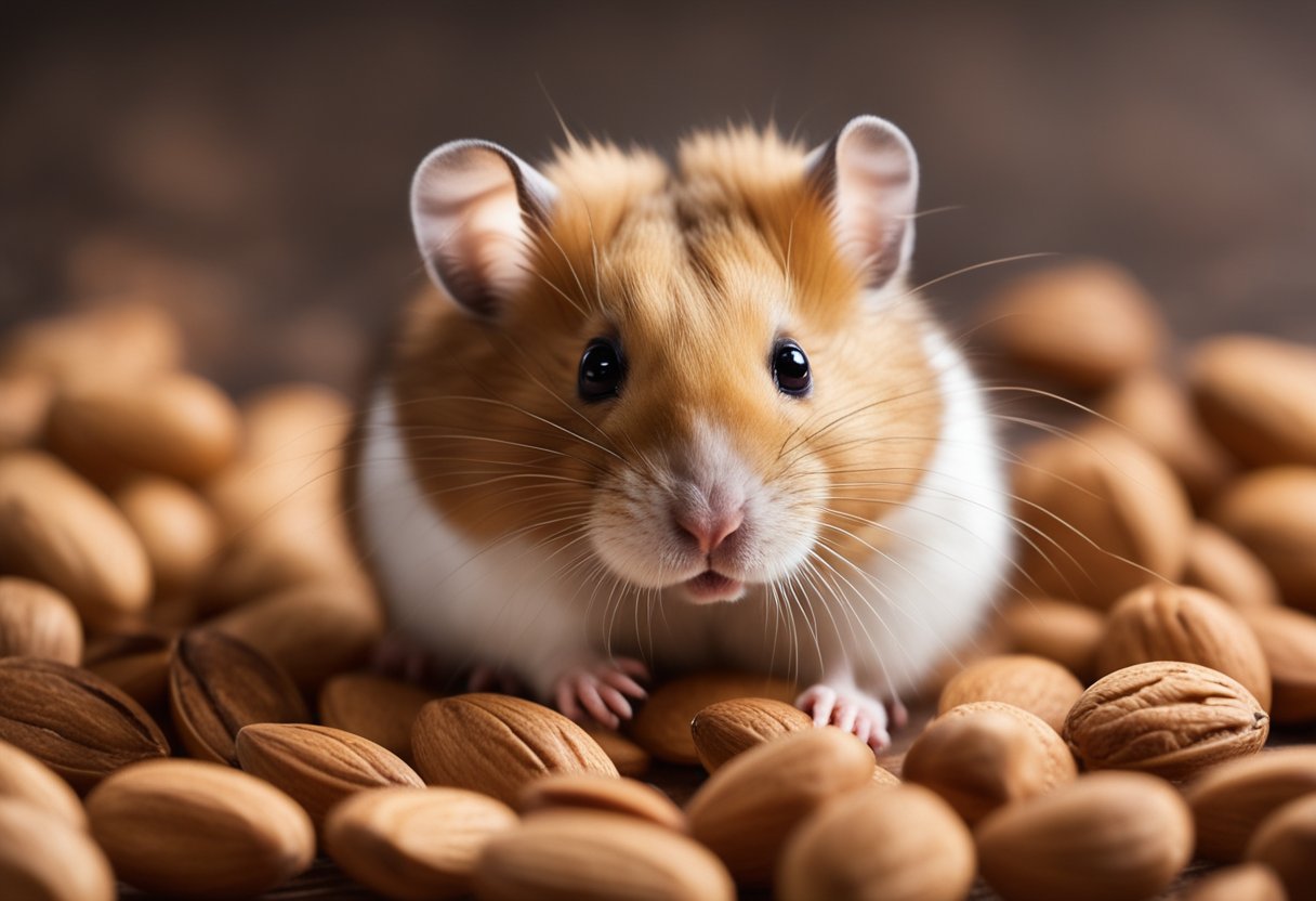 A hamster surrounded by almonds, with a question mark above its head