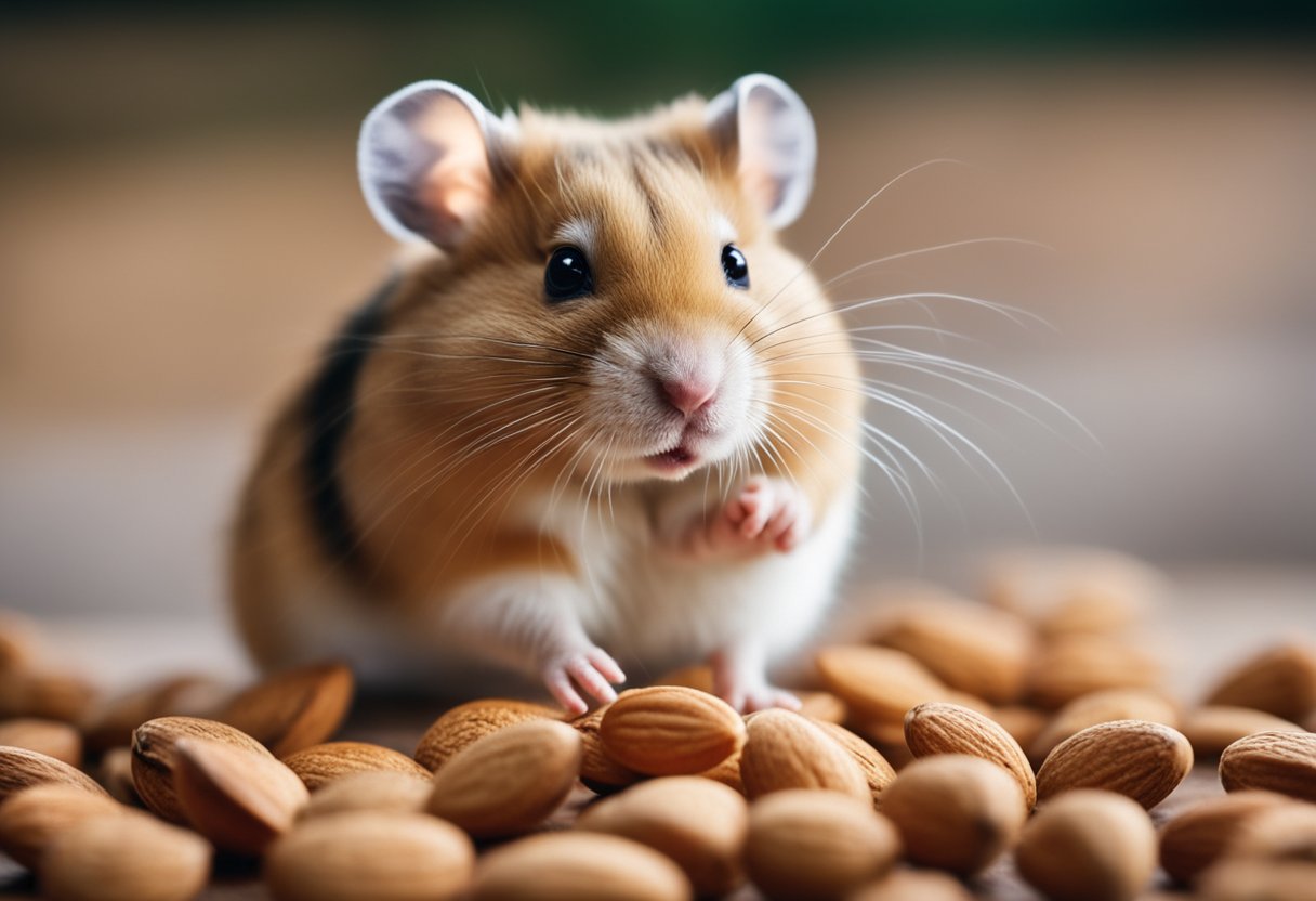 A hamster surrounded by almonds, looking curious and sniffing them
