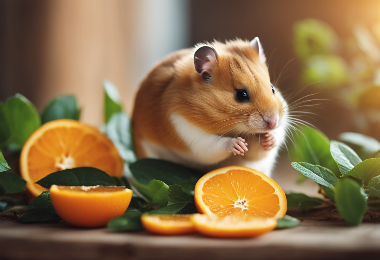 A hamster nibbles on a juicy orange, its tiny paws holding the fruit steady as it takes a bite