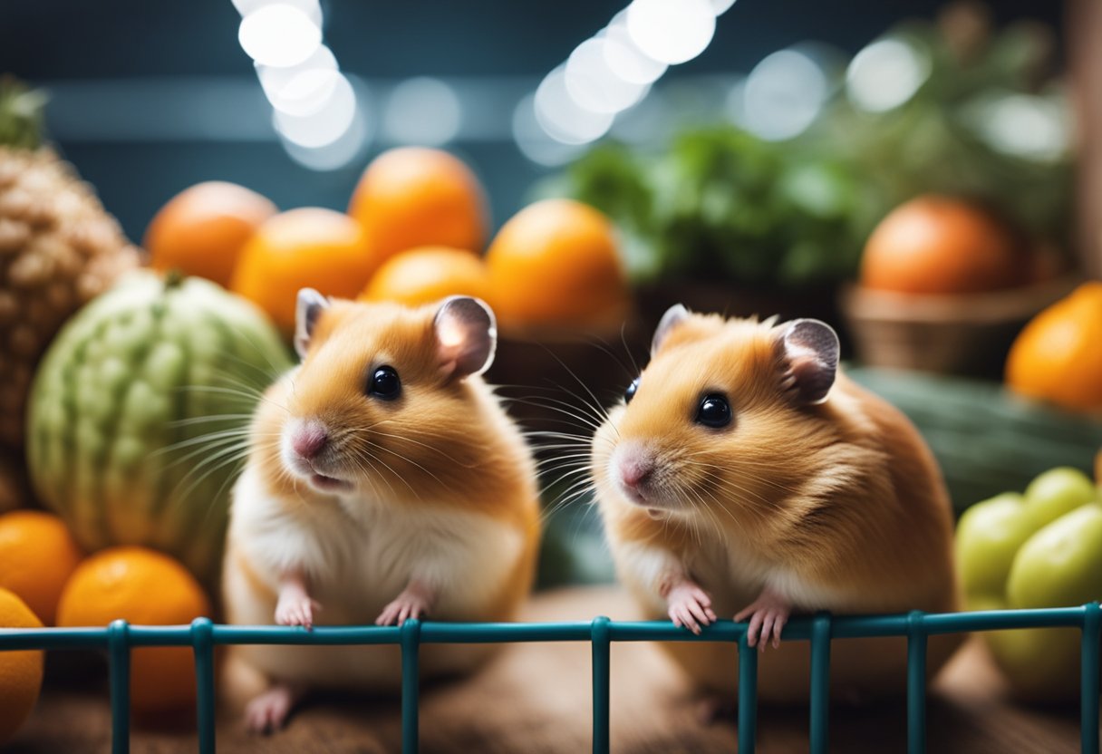 A hamster sitting in its cage surrounded by fresh fruits and vegetables, with a small orange placed in front of it