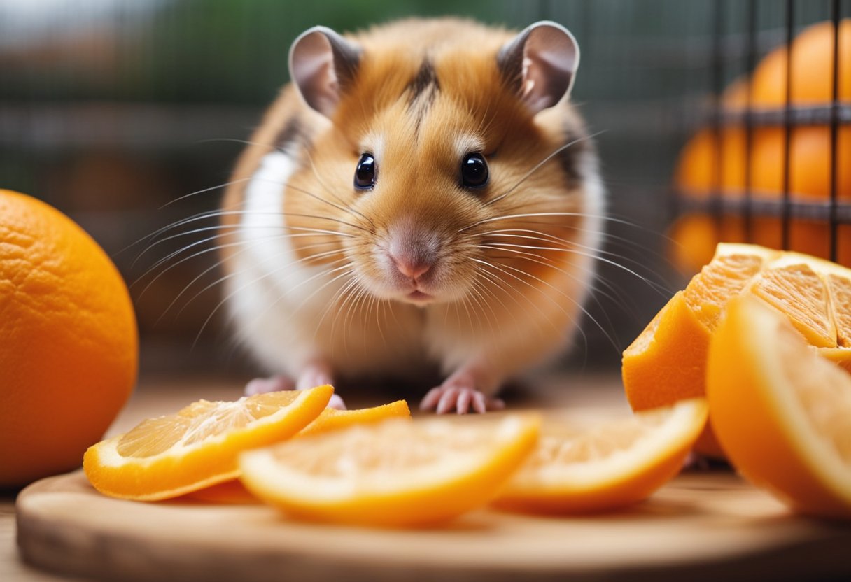 A hamster sits in its cage, nibbling on a slice of orange. A small sign nearby lists safe and unsafe foods for hamsters