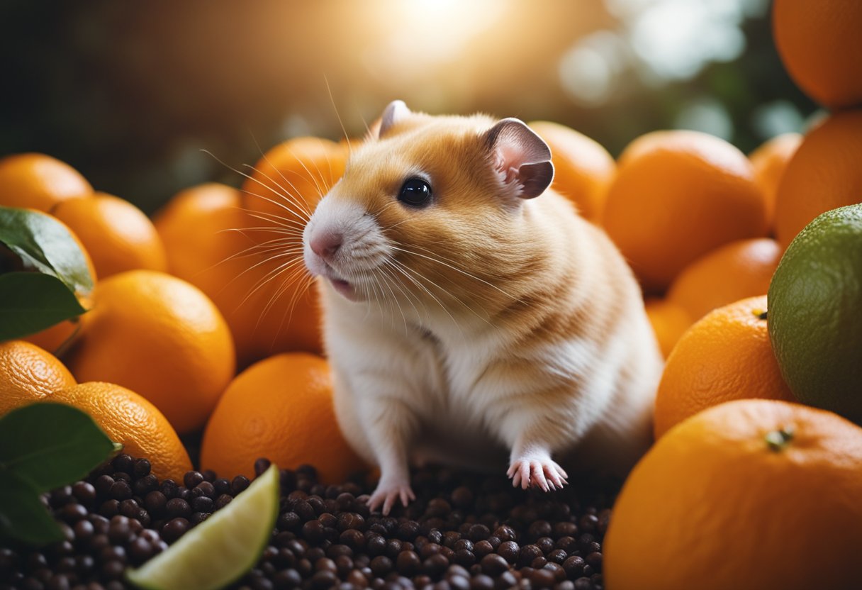 A hamster sits beside a pile of oranges, sniffing one curiously