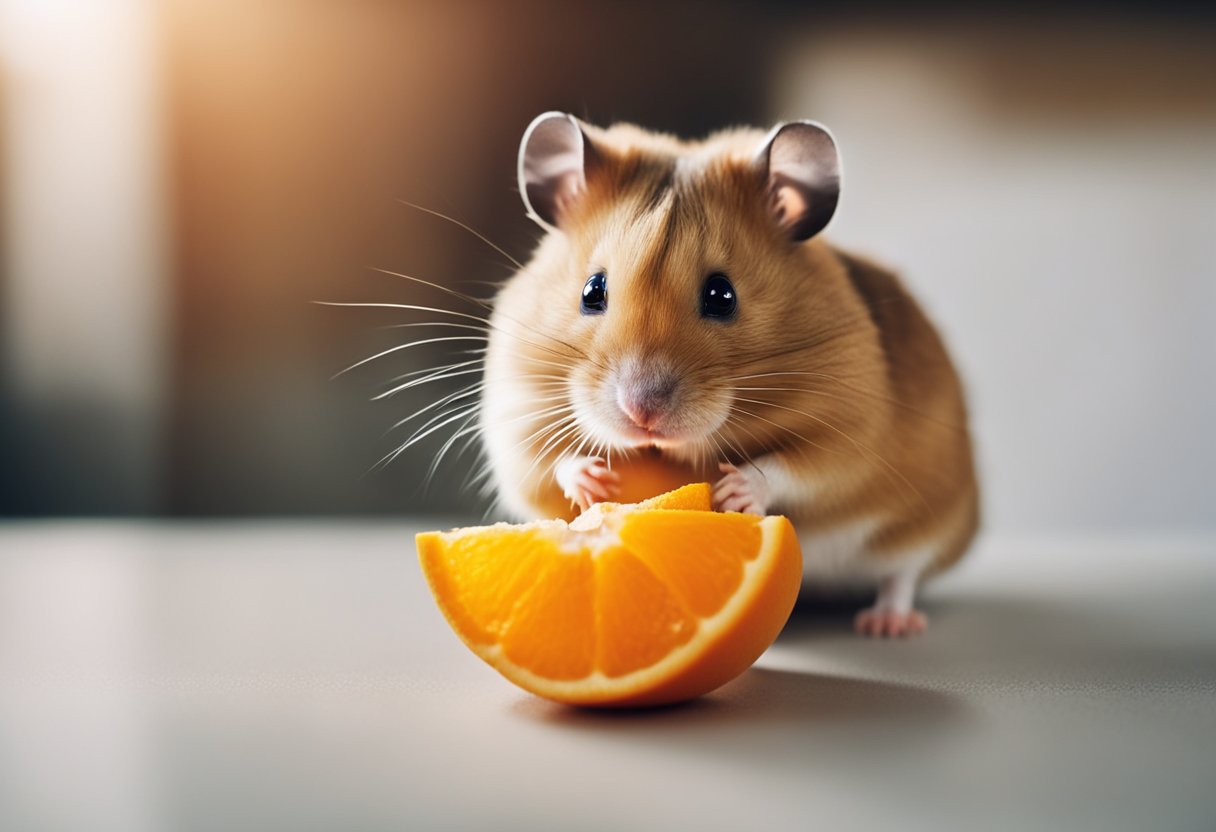 A hamster sits near an orange, sniffing cautiously. The orange is sliced open, revealing juicy segments. The hamster seems unsure whether to take a bite