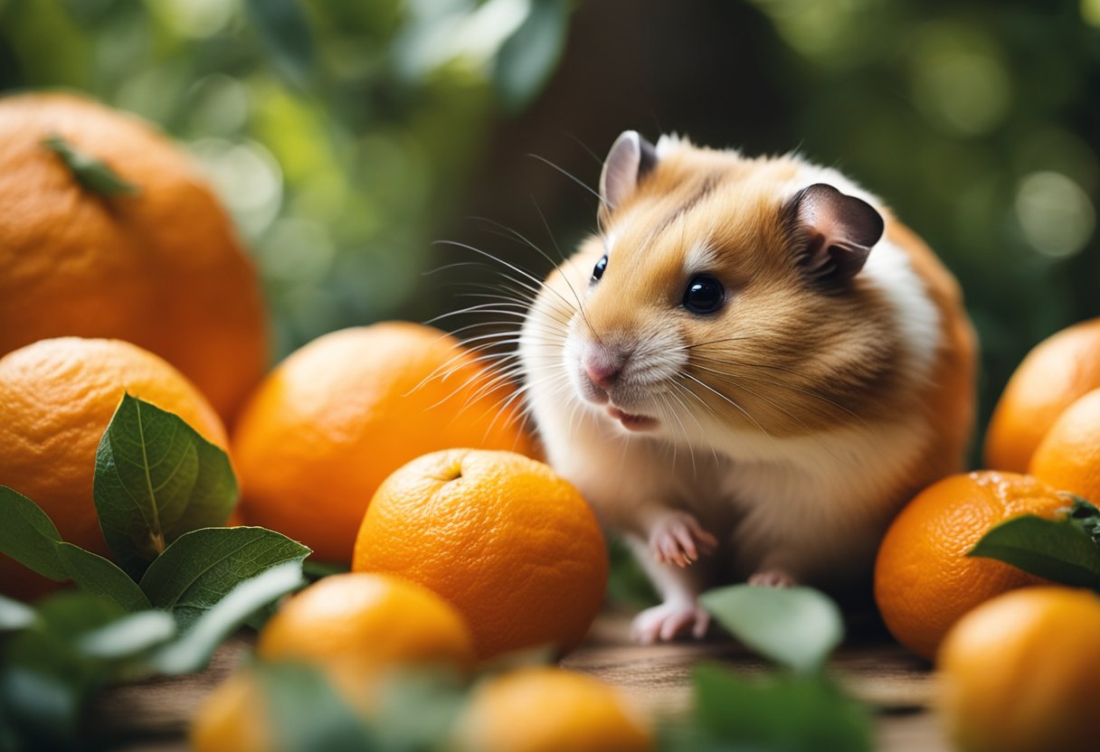 A hamster surrounded by oranges, sniffing and nibbling on one