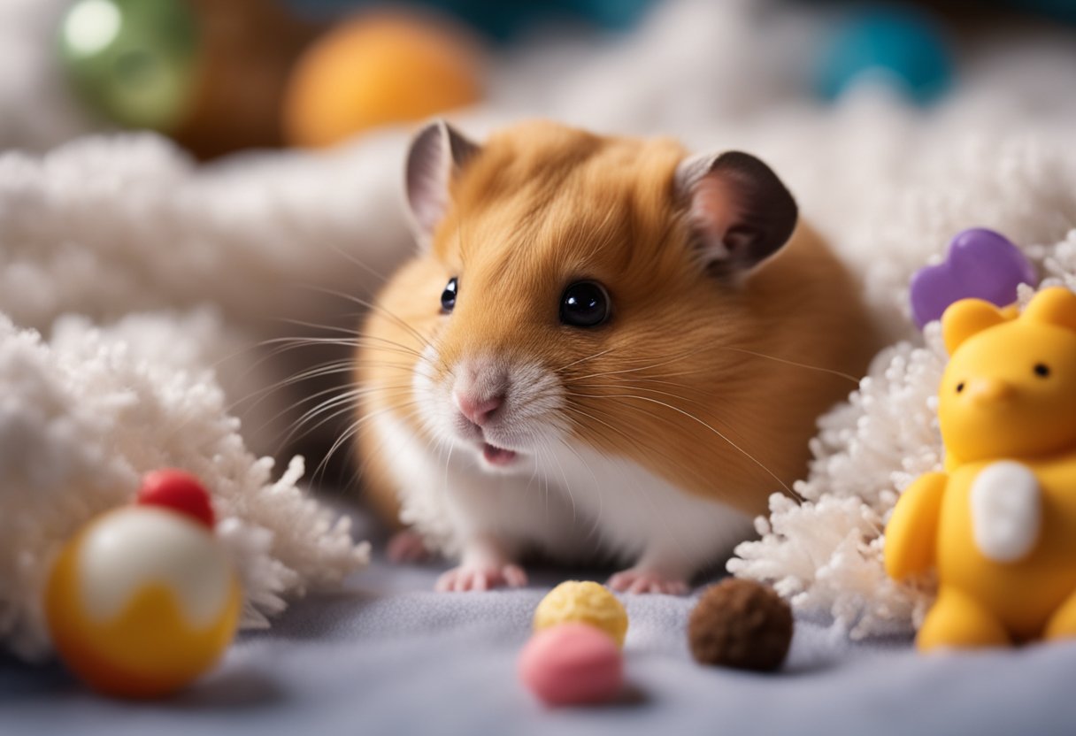 A small hamster lies peacefully in a cozy bed of fluffy bedding, surrounded by its favorite toys and treats. A single tear-shaped droplet falls from a sad, watchful eye