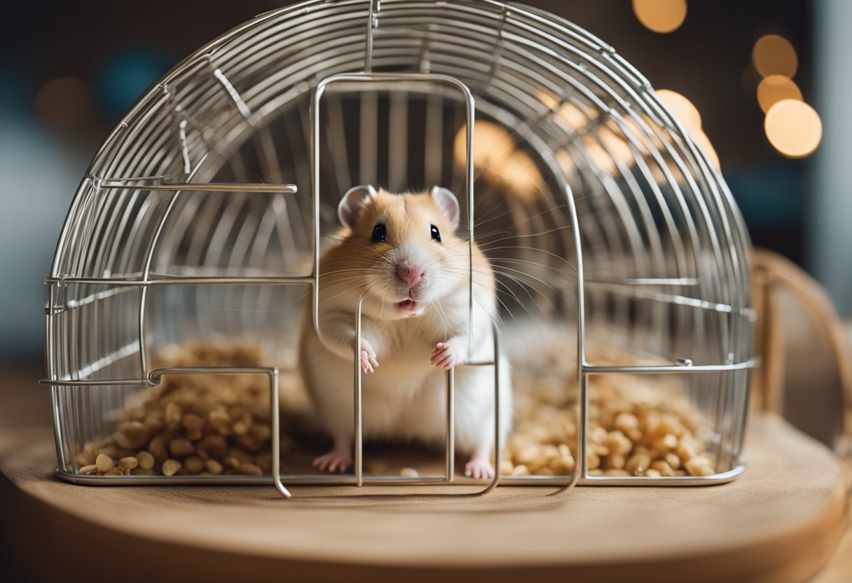 A hamster cage with an empty wheel, untouched food, and a small resting area
