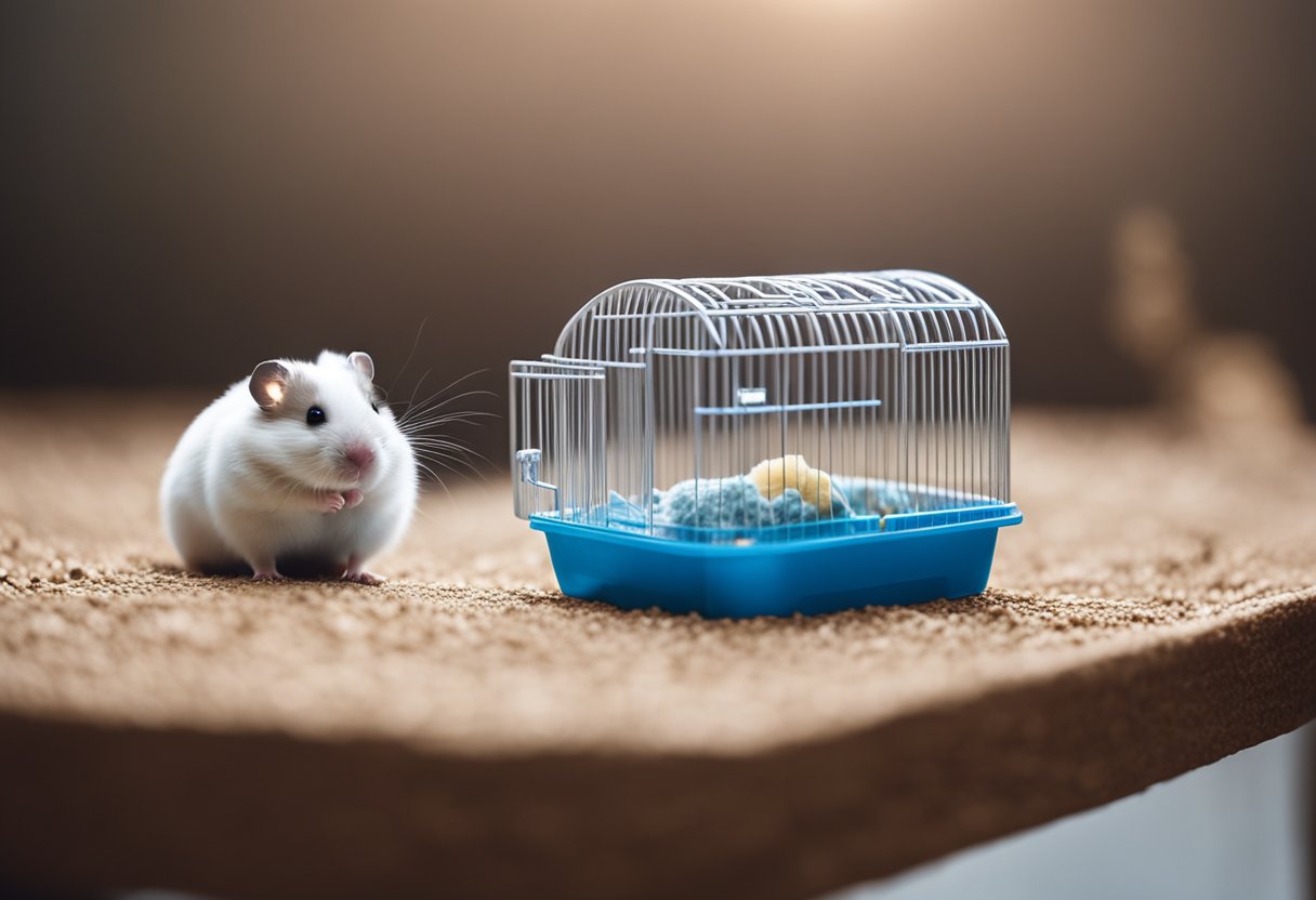 A small hamster cage with an empty wheel, water bottle, and scattered bedding. A small, lifeless hamster lying peacefully in the corner