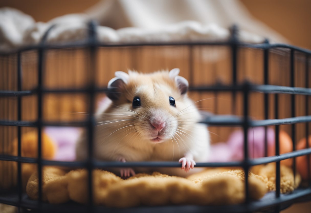 A hamster lying peacefully in a cozy cage, surrounded by soft bedding and a few favorite toys. A small, empty food dish sits nearby