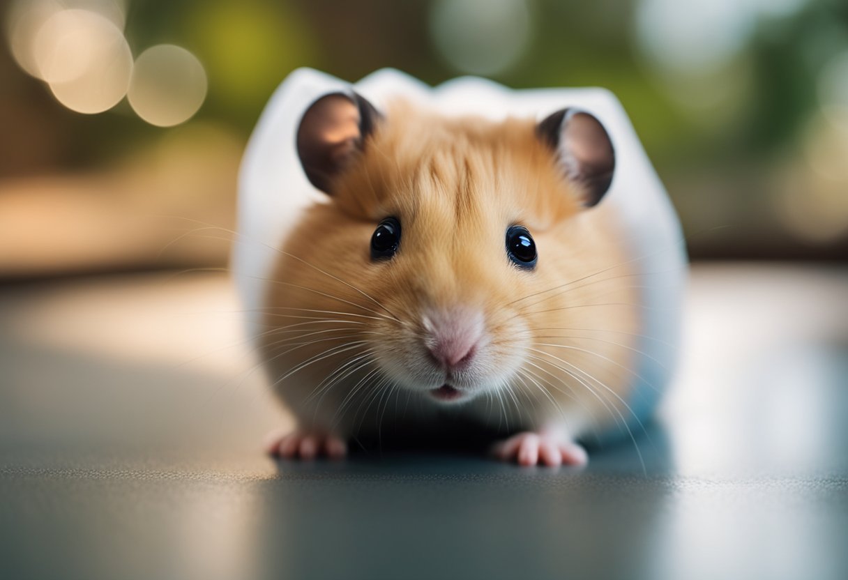A hamster sits on a clean surface. A package of baby wipes is nearby