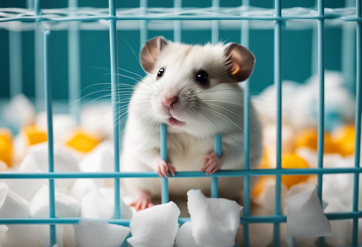 A hamster sits in a cage, surrounded by baby wipes. The question "Can I wipe my hamster with baby wipes?" hovers in a thought bubble above the hamster's head