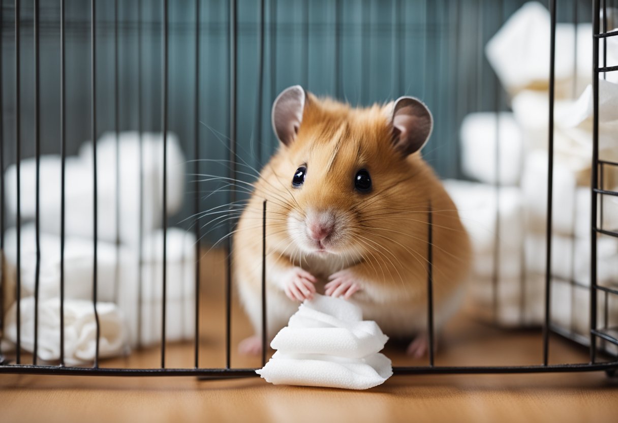 A hamster sitting in its cage, surrounded by baby wipes