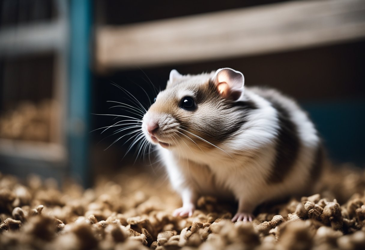 A hamster cage sits in a cluttered room, emitting a strong odor. Windows are closed, and dirty bedding is visible