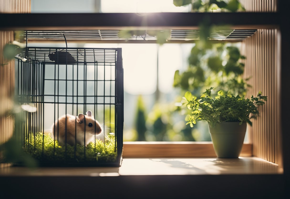 A room with a hamster cage, open window, and fresh air freshener