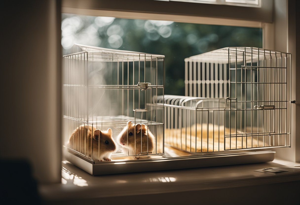 An open window lets in fresh air, while a box of baking soda absorbs odors near the hamster cage