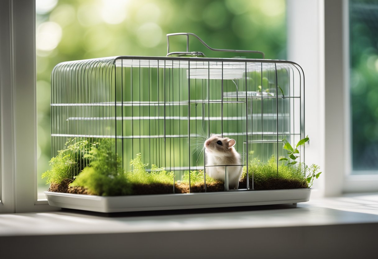 A room with a hamster cage, open window, and air freshener to eliminate the smell