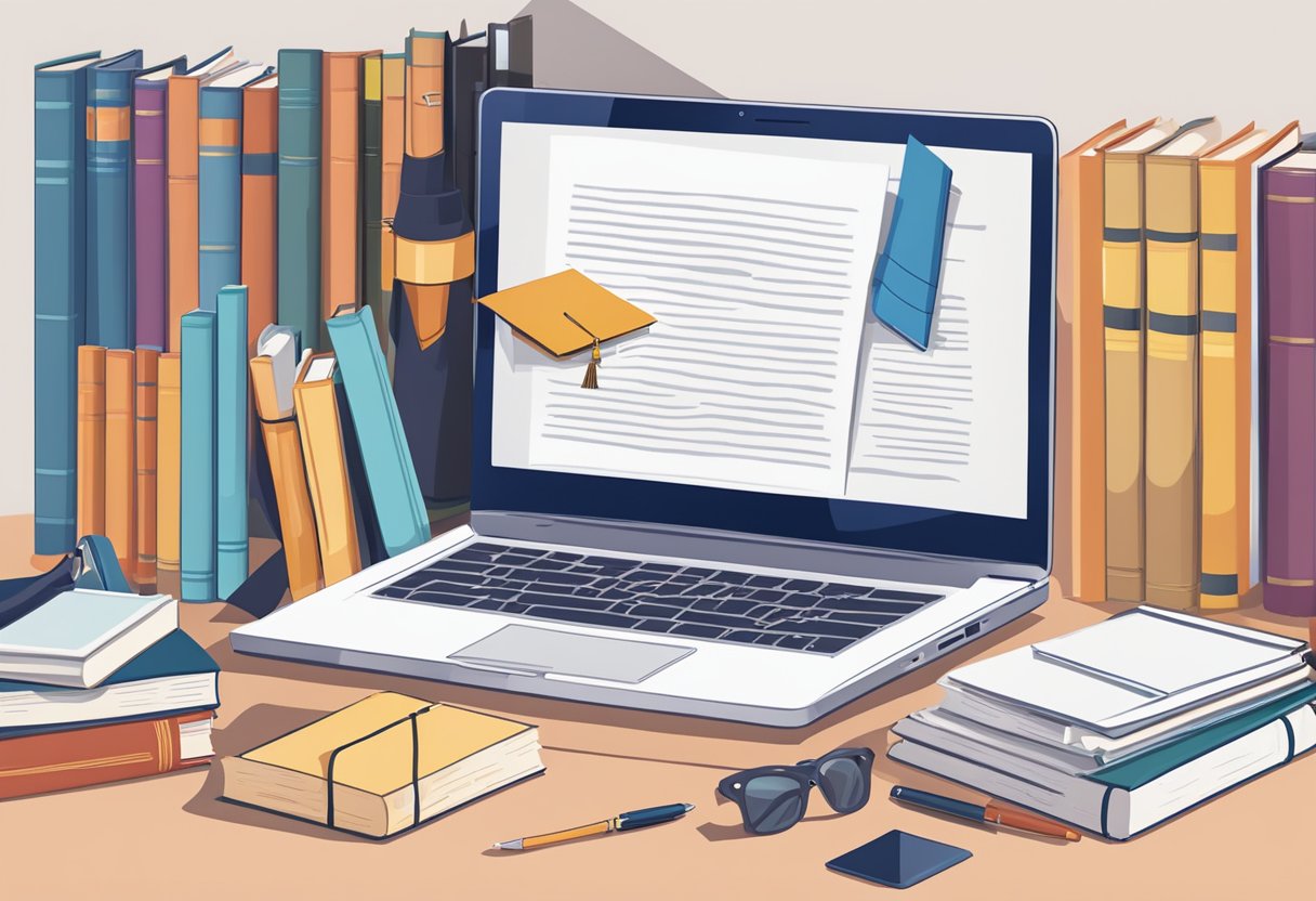 An open laptop surrounded by books and a diploma, symbolizing career growth through online study