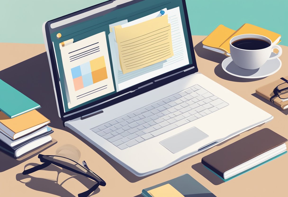 A laptop surrounded by books, a notepad, and a cup of coffee. Online courses and resources displayed on the screen. A diploma and a briefcase symbolize professional success