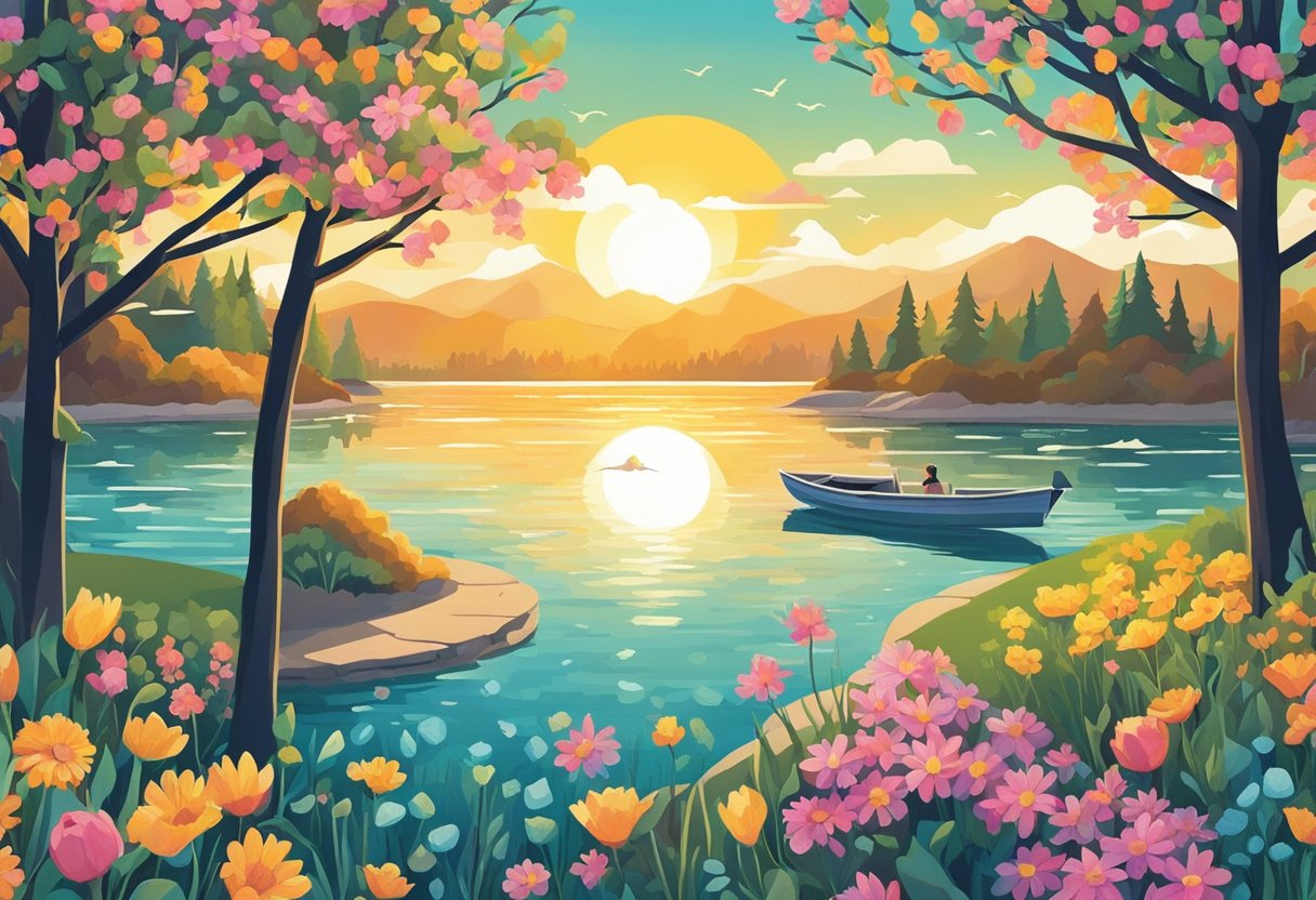 A bright sun rises over a calm lake, with vibrant flowers blooming on the shore. A quote reading "Seize the day" is displayed prominently in the scene