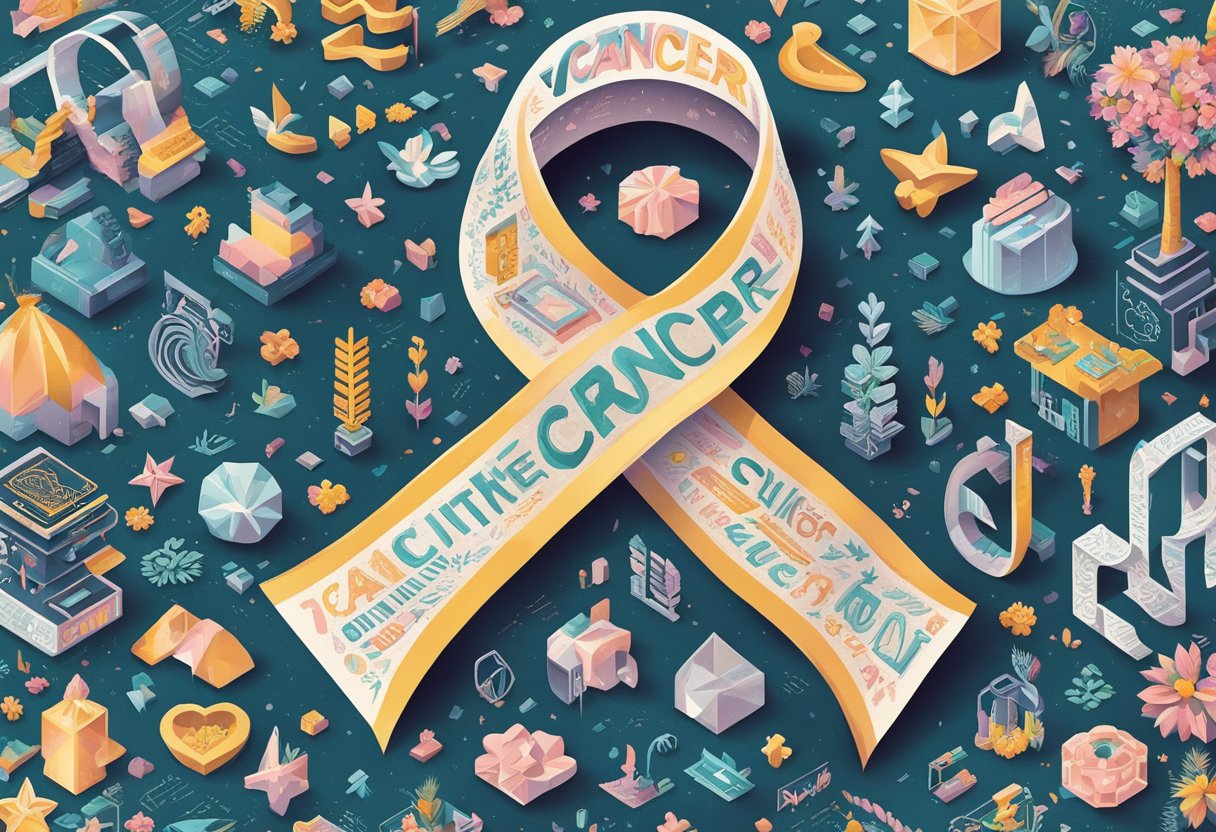 A cancer ribbon surrounded by uplifting words and symbols