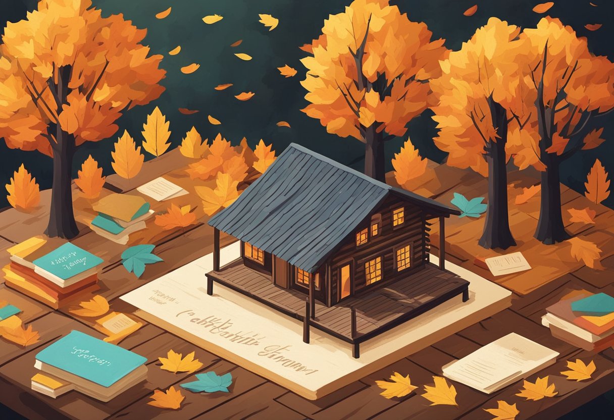 A cozy cabin nestled among vibrant fall foliage, with a stack of inspirational quote cards scattered on a rustic wooden table