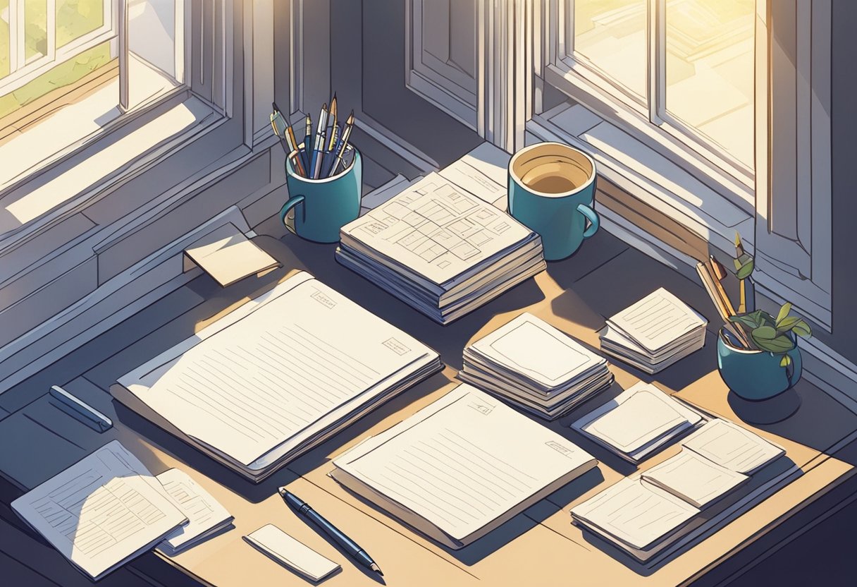 A desk with a stack of quote cards, a pen, and a notebook. Light streams in through a window, casting shadows on the surface