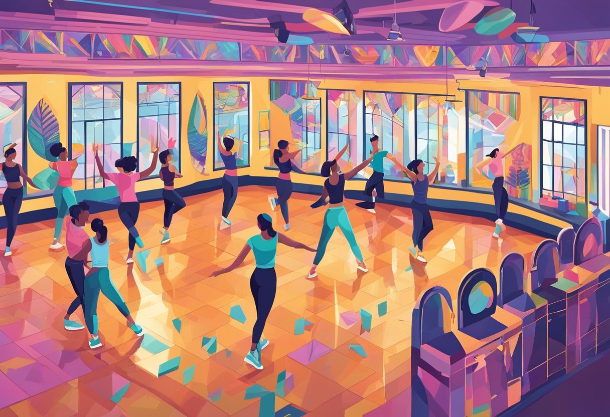 A lively dance studio with quotes on the walls, colorful dance attire, and a mirror reflecting the energy and passion of the dancers