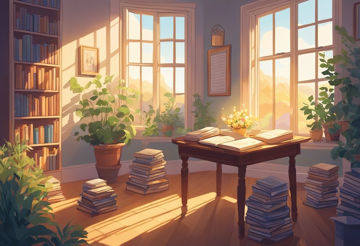 A serene, sunlit room with a table covered in open books, surrounded by candles and fresh flowers. Rays of light stream in through the window, casting a warm glow over the inspirational quotes displayed on the walls