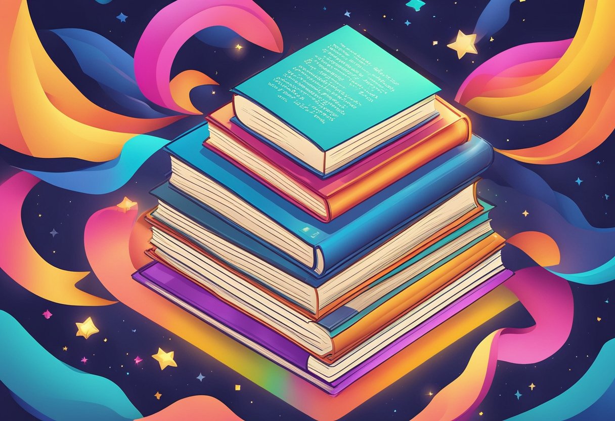 A stack of open books with motivational quotes on colorful pages, surrounded by a halo of glowing light
