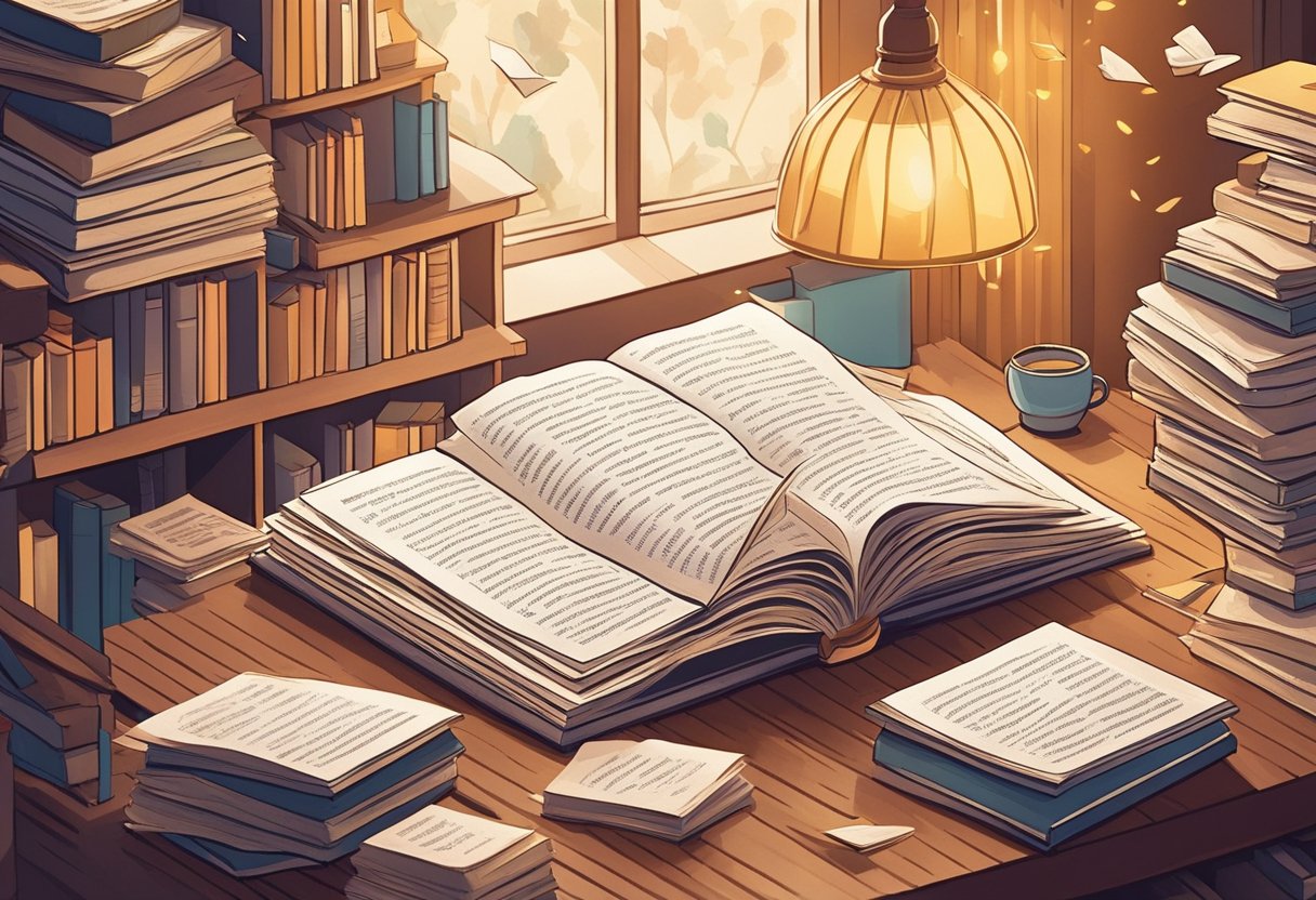A stack of open books with pages fluttering, surrounded by scattered quote cards and a pen, against a backdrop of a cozy reading nook with soft lighting