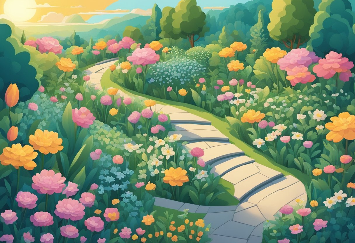A serene garden with blooming flowers, a winding path, and a sunlit sky, with motivational quotes about life challenges scattered throughout