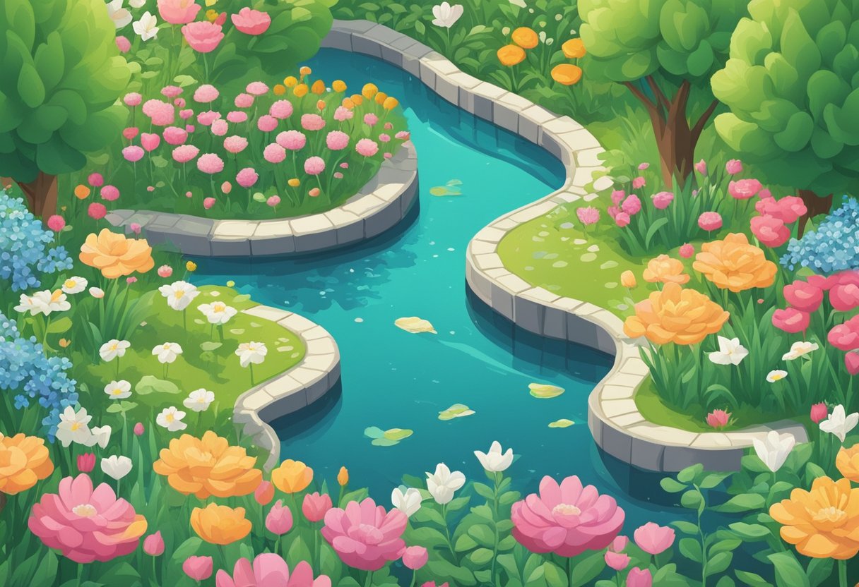 A serene garden with blooming flowers and a gentle stream, surrounded by inspirational quotes on colorful banners