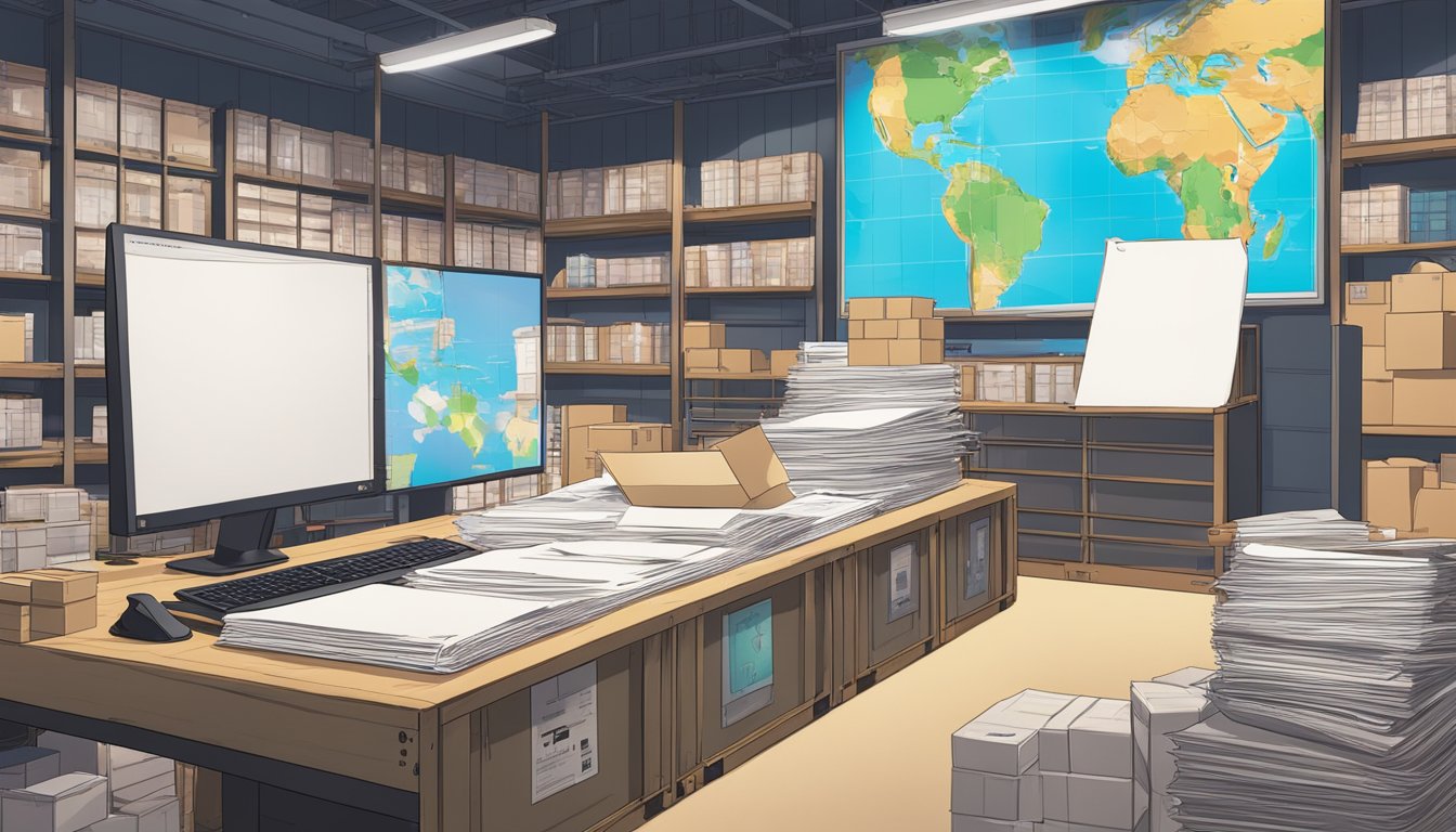 A table with stacked legal documents, a world map, and shipping containers, representing global regulations for sex doll import and export