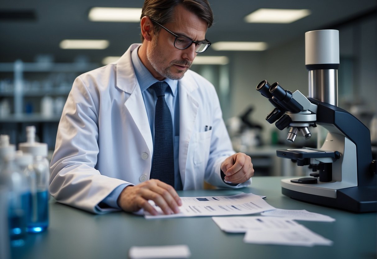 A scientist in a lab coat examines a microscope slide showing keratosis cells, surrounded by medical journals and research papers