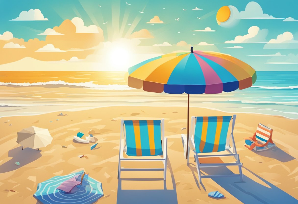 A bright sun shining over a calm beach, with waves crashing gently on the shore. A colorful umbrella and beach chair sit in the sand, with a quote written in the sky