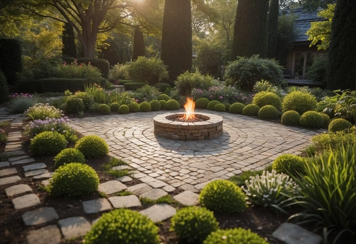 A serene garden with various paver options laid out, surrounded by different climate elements like sun, rain, and snow