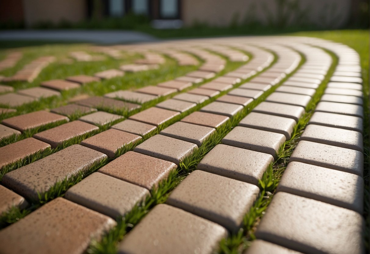 A patio with interlocking pavers, surrounded by lush greenery, under a sunny sky with a gentle breeze. Different paver types are arranged to show the impact of climate on selection