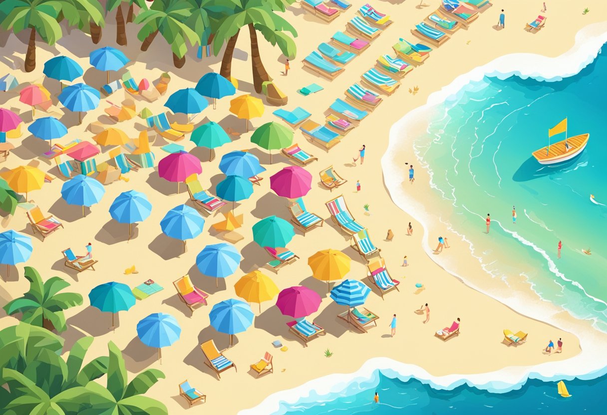 A vibrant beach scene with a clear blue sky, sparkling ocean waves, and a sandy shore lined with colorful umbrellas and beach chairs
