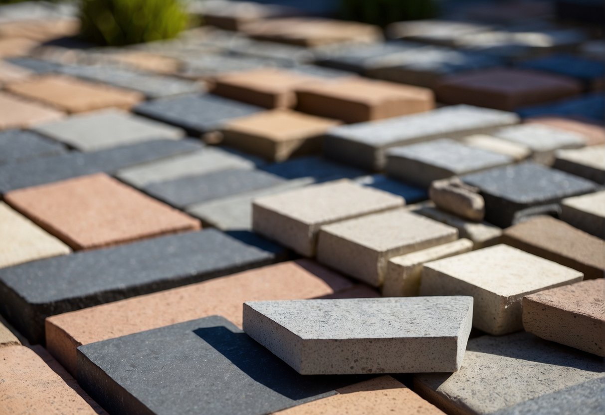 A variety of paver materials and shapes are arranged in a display, with signs indicating the importance of climate considerations for paver selection