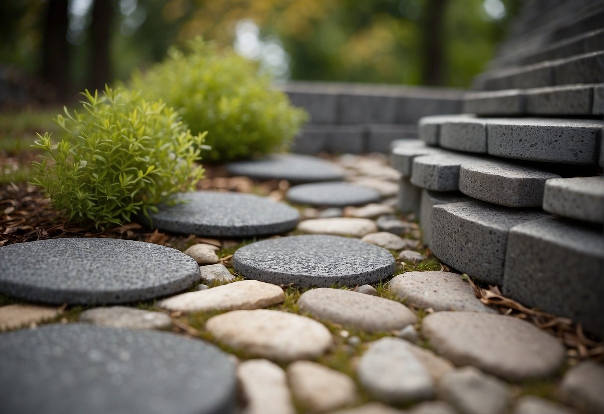 A landscape with various paver options, surrounded by different climate conditions. Maintenance tools and equipment are nearby