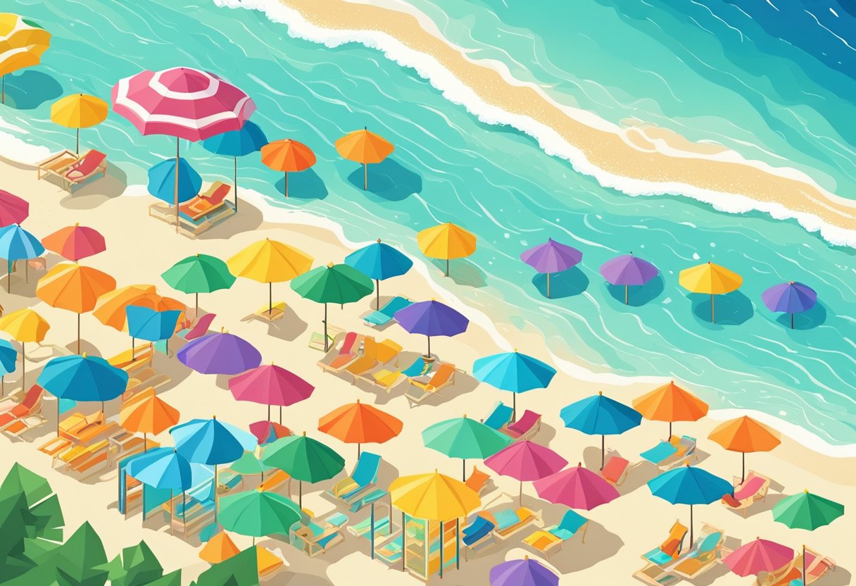 A vibrant beach scene with colorful umbrellas, clear blue skies, and sparkling ocean waves. A sense of relaxation and inspiration emanates from the quote list