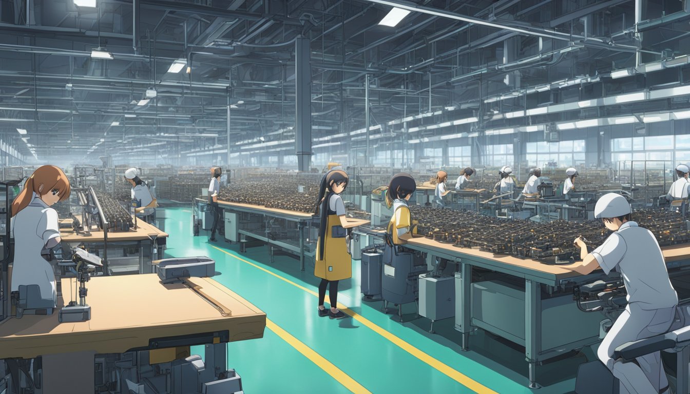 A bustling factory floor in an international manufacturing hub, with robotic arms assembling sex dolls in an efficient and precise manner