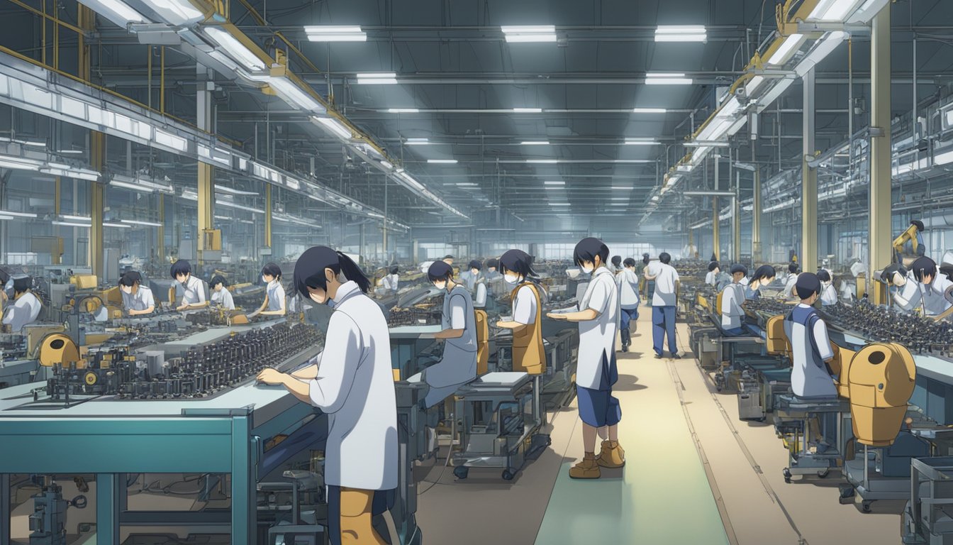 A bustling factory floor in an international manufacturing hub, with workers assembling sex dolls with precision and skill. Rows of machinery and materials line the space, showcasing the importance of research and skills development in this industry